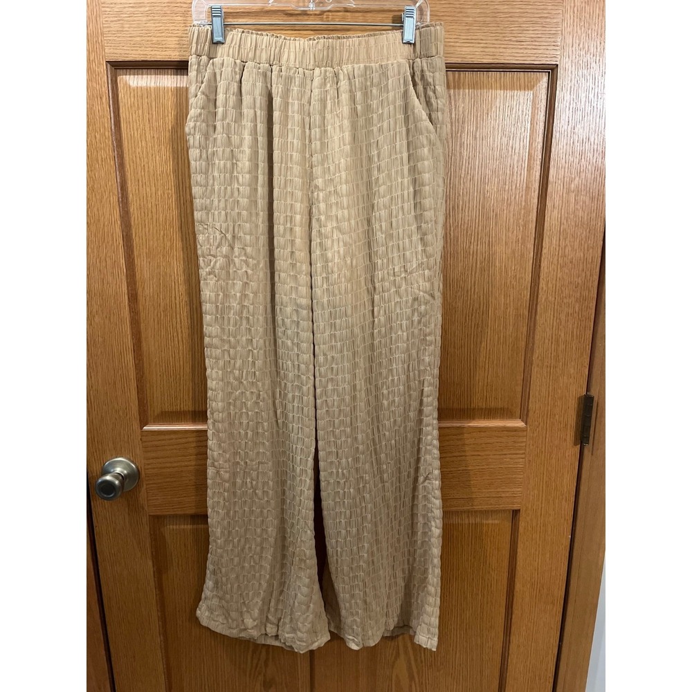 Coastal Chic Boho Palazzo Flowy Crinkle Gauze High Rise Wide Leg Pants Beige L